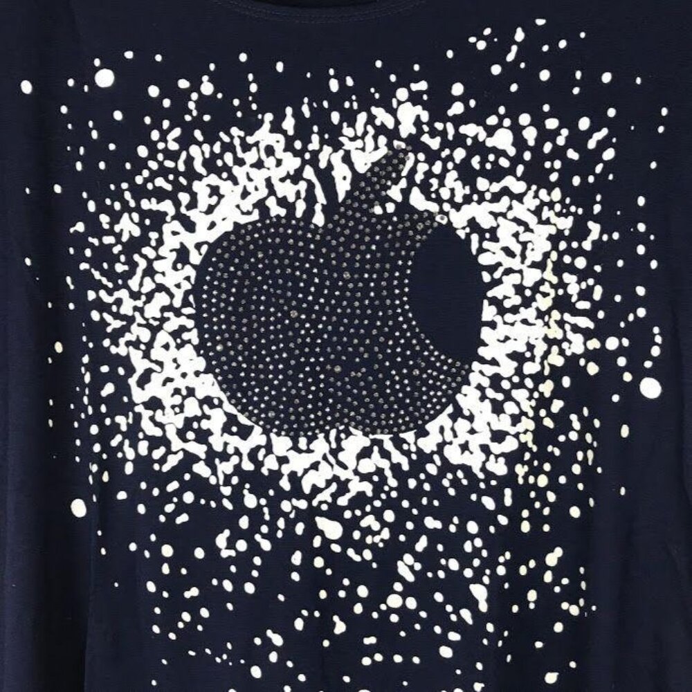 NWT MNG Womens S Blue TShirt Bling Apple Short Sleeve Round Neck Blouse Teacher